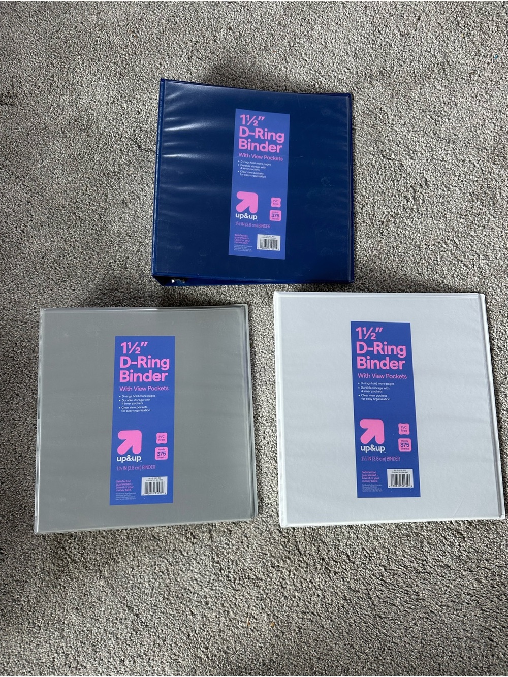 1½" D-Ring Binder in Navy, Gray, and White - 3 Pack
